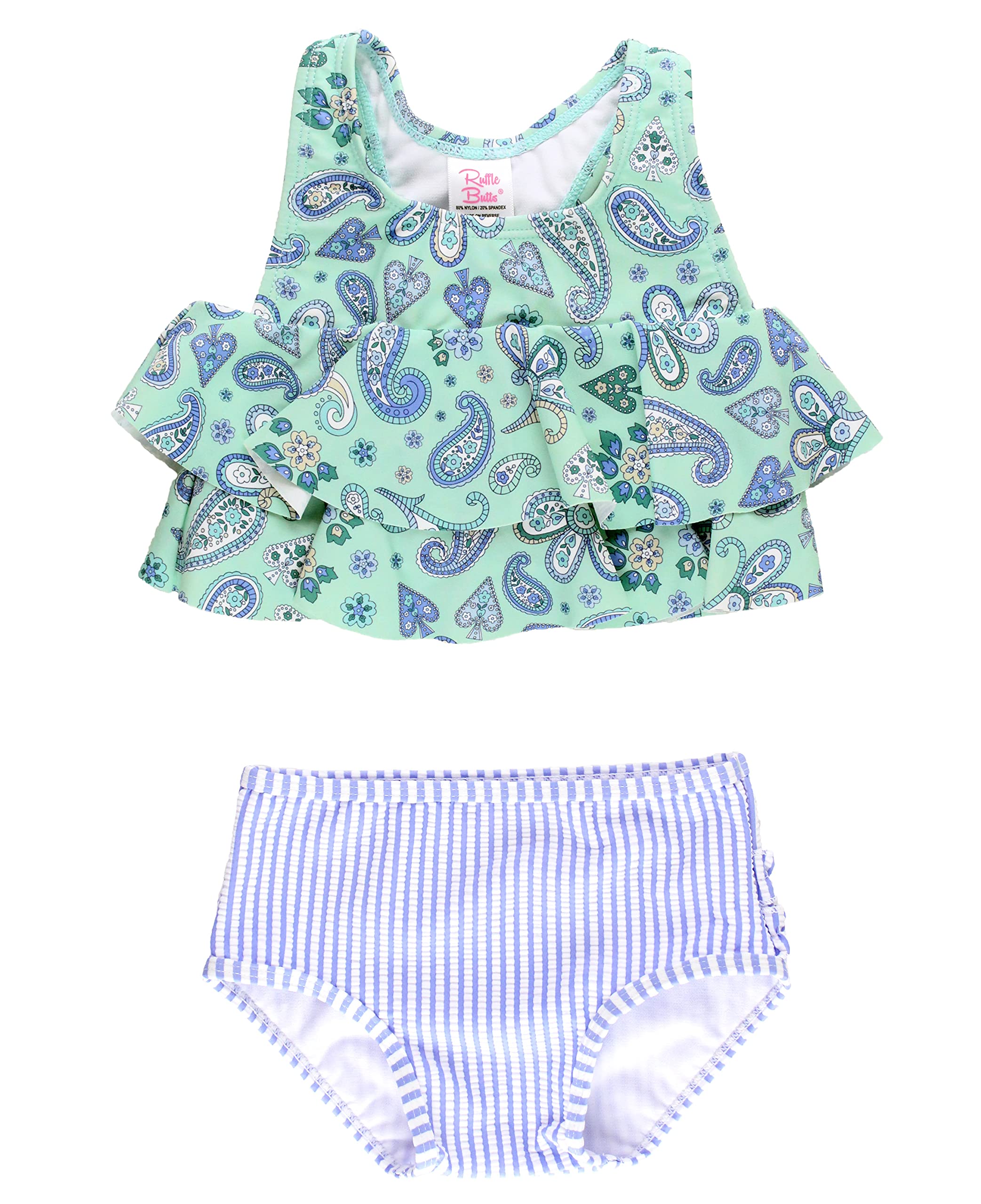 Photo 1 of RuffleButts Girls UPF50+ Sun Protection Flounce Bikini Two Piece Swimsuit - Sea Glass Paisley, 3-6m