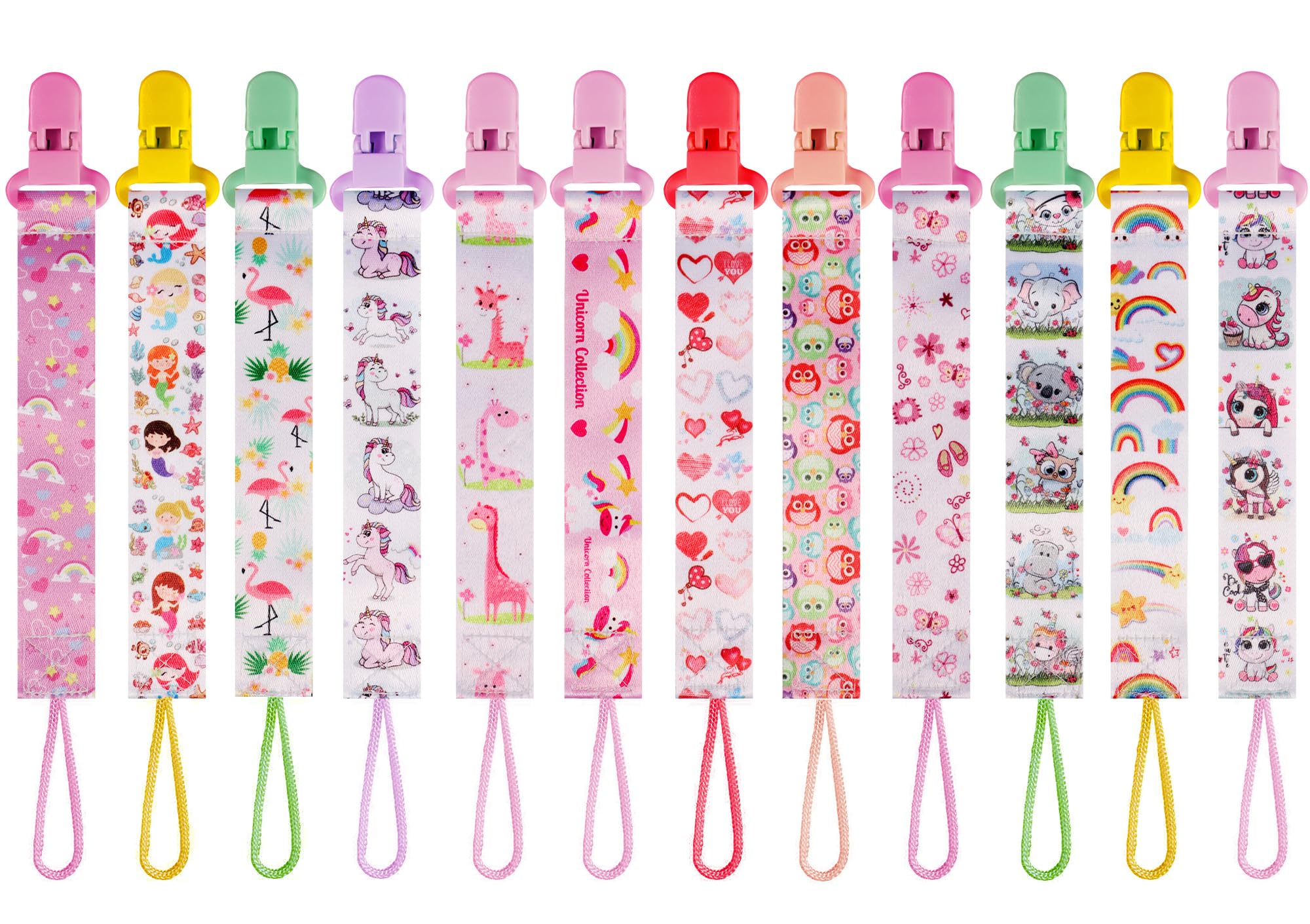 Photo 1 of 12 Pack Pacifier Clips with Adjustable Strap (32-46.5cm)/Short Strap(25.5cm) - Premium Polyester Baby Pacifier Holder Set, Multi-Design Clips for Boys Girls (Multicolor G 25/26cm)