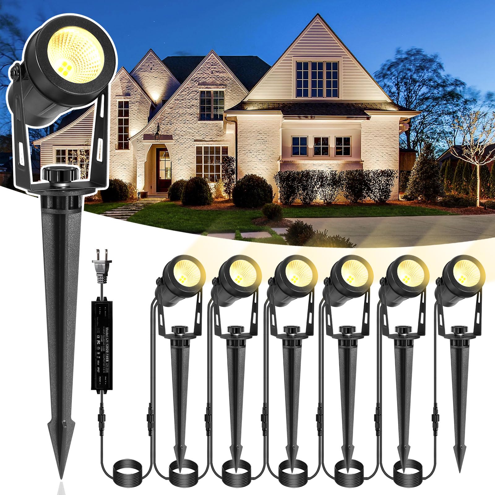 Photo 1 of ALOVECO Low Voltage Landscape Lights, 6 Pack LED Spot Lights Outdoor with 30W Transformer IP65 Waterproof, Plug in Outdoor Landscape Lighting for Yard Garden Tree House Flag Pathway (Warm White 2700K)