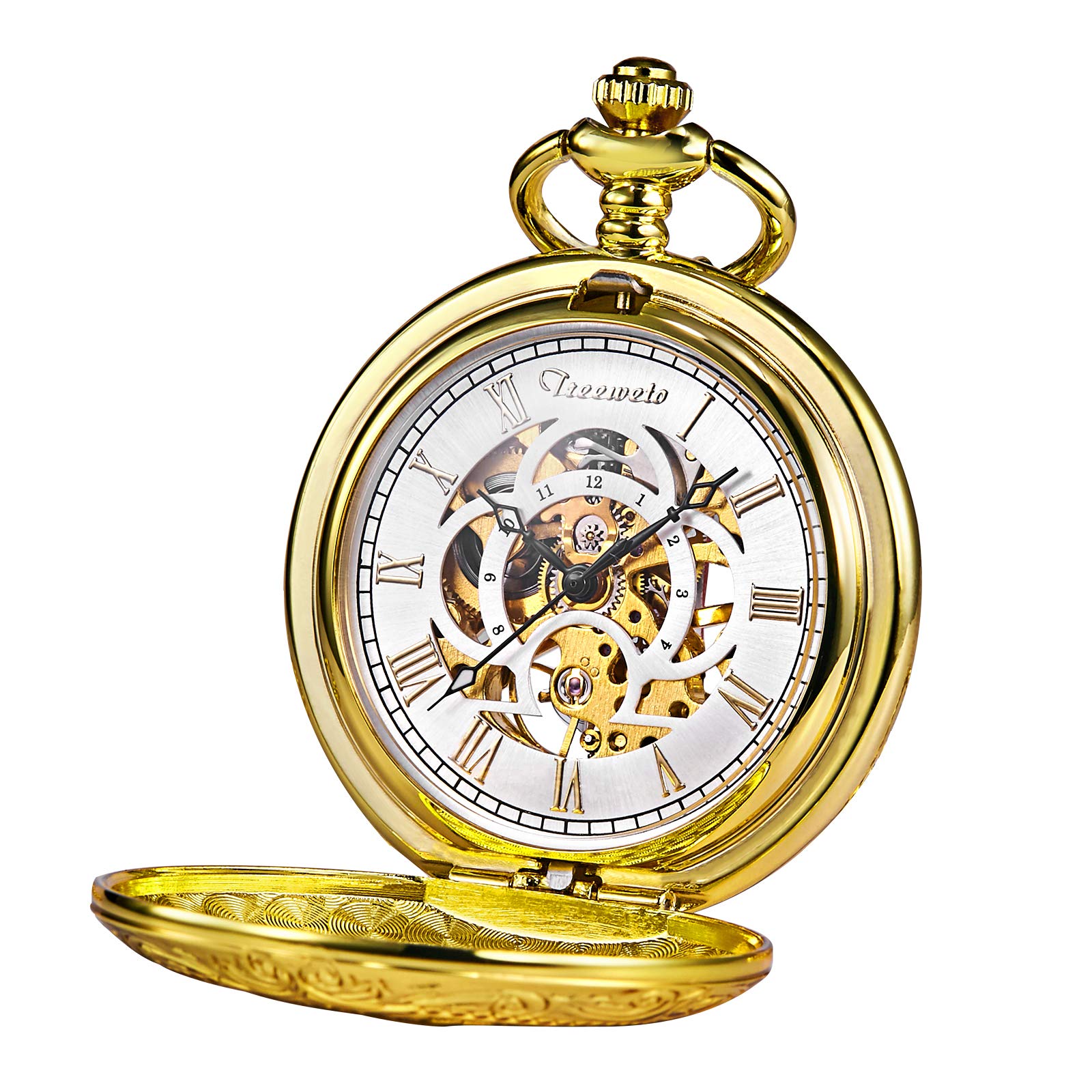TREEWETO Pocket Watch - Full Hunter Skeleton Dial Mechanical Pocket Watches for Men Women