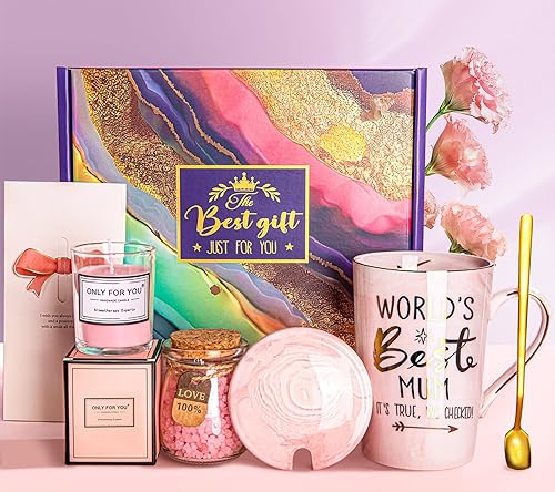 Mum Birthday Gifts Pamper Hamper for Mum - Funny Ceramic Mug with Gold Print, Scented Candle, Cards, Spa Bath Set, Relaxing Basket Gift for Mummy, Christmas New Mums to Be Presents, Delicately Boxed