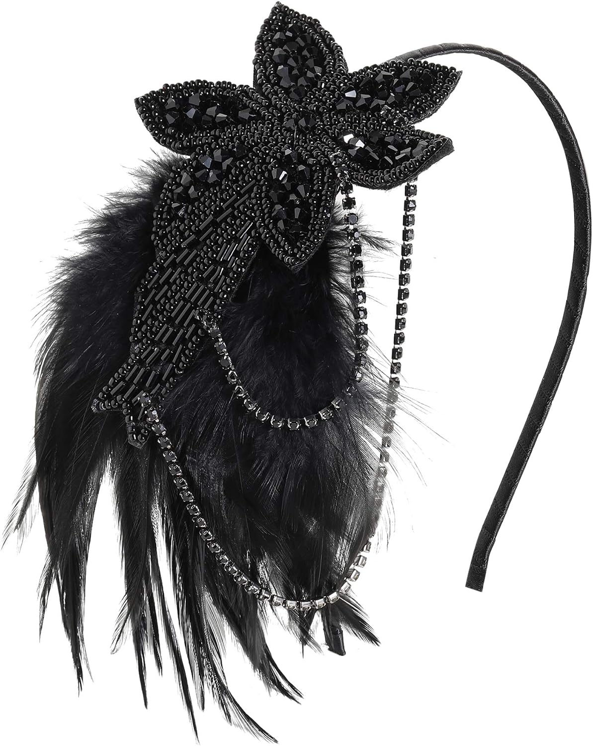 BABEYOND Vintage 1920s Headband 1920s Headpiece Feather Beaded Headband Crystal Flapper Headpiece Great Gatsby Costume Accessories Roaring 20's Accessories (Black)