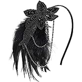 BABEYOND 1920s Flapper Headband Feather Beaded Headpiece Roaring 20s Great Gatsby Hair Accessory for Party (Black)