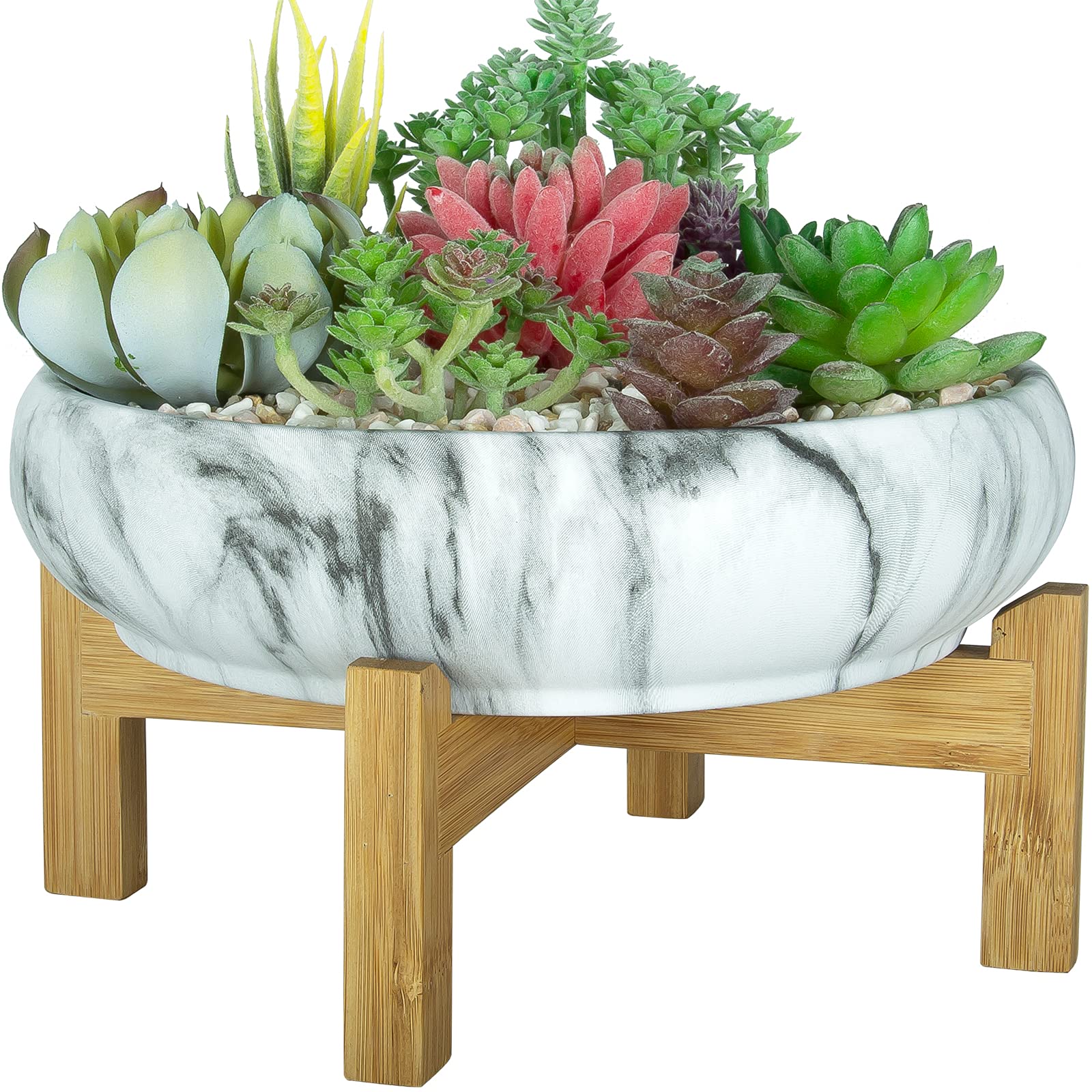 ARTKETTY Succulent Plant Pot, 25.5 CM Large Bonsai Pots with Drainage Stand, Shallow Marble Cactus Plant Pot Ceramic Pots for Indoor/Outdoor Succulent Plants Decorative Garden Flower Plant Bowl