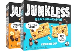 JUNKLESS Chewy Granola Bars Twin Pack – Chocolate Chip & Peanut Butter Chocolate Chip (12 Bars)–Less Sugar, Non-GMO, Gluten-Free, Wholesome Snack Bars for Kids & Adults, 2 Boxes