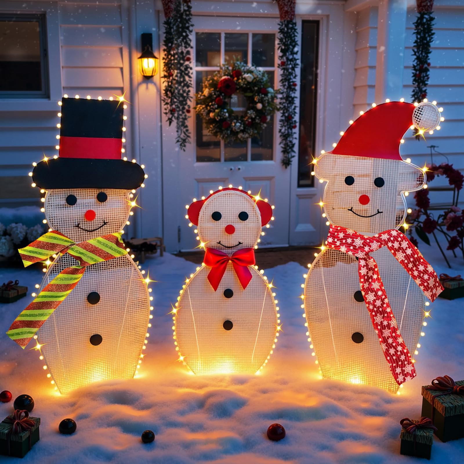 Photo 1 of 3-Piece Lighted Snowman Christmas Decorations Outdoor Yard Snow Man Family with 180 LED Lights, Snowman Yard Decorations, Christmas Yard Decorations for Outdoor Lighted Holiday Lawn Garden Porch