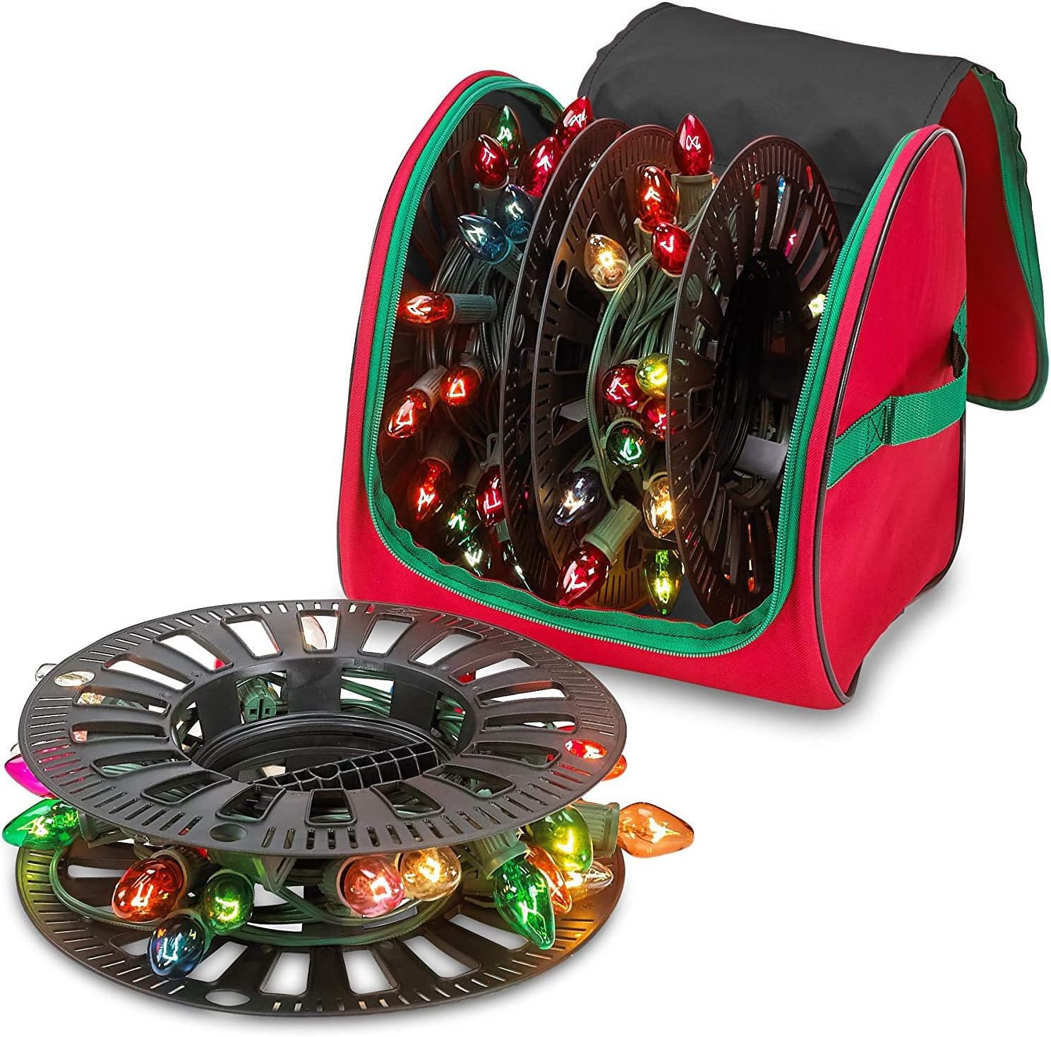 Holiday Décor Storage - HOLDN’ STORAGE Premium Christmas Light Storage Bag – Heavy Duty Tear Proof 600D/Inside PVC Material with Reinforced Handles - 3 Reels Stores up to 375 Ft of Mini Tree Lights & Extension Cords Red