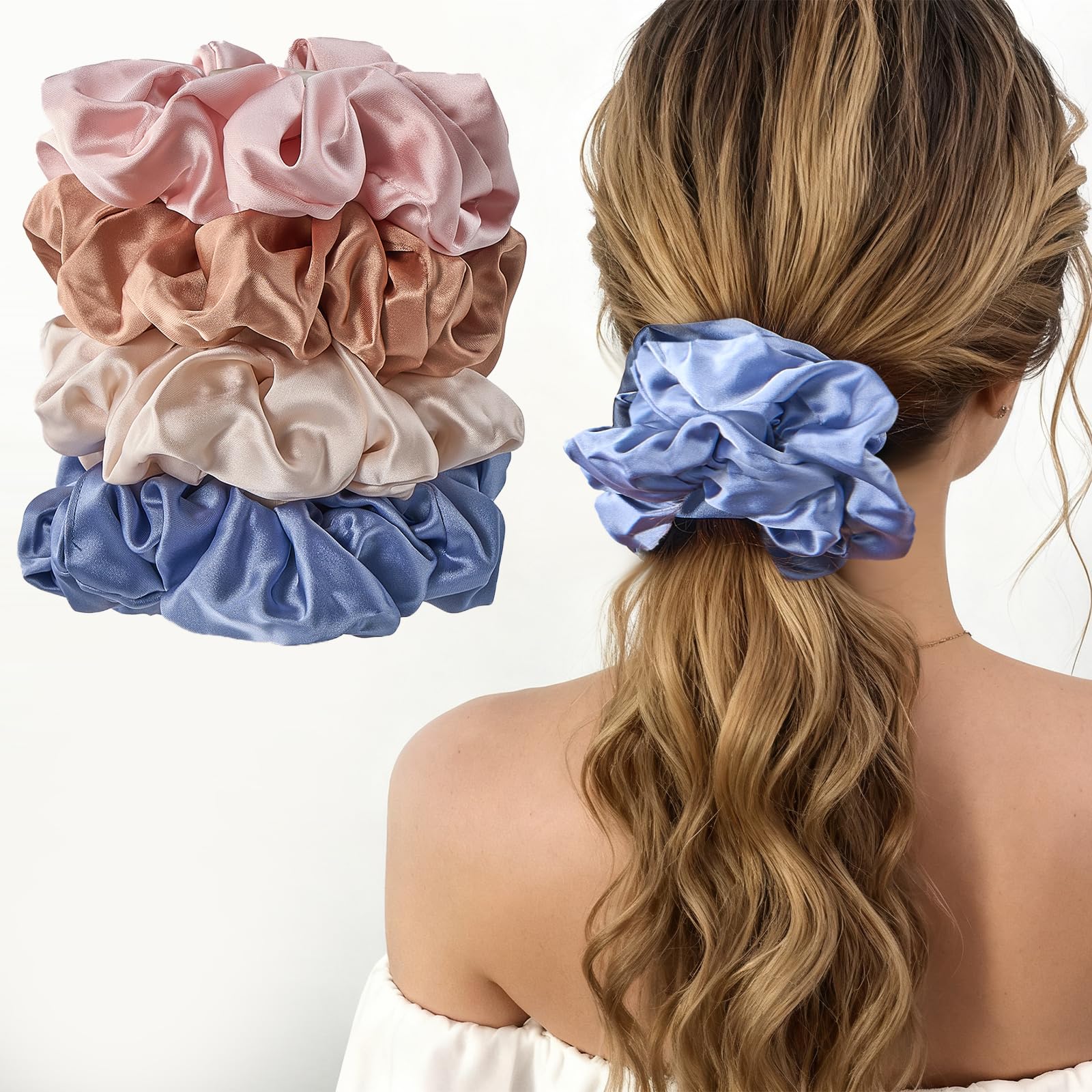 Lolalet Big Scrunchies for Women, 5.9 Inch Large Satin Scrunchies, Jumbo Oversized Elastic Hair Ties, Extra Large Scrunchy Giant Bands for Thick Curly Hair - 4 Pack, Style A