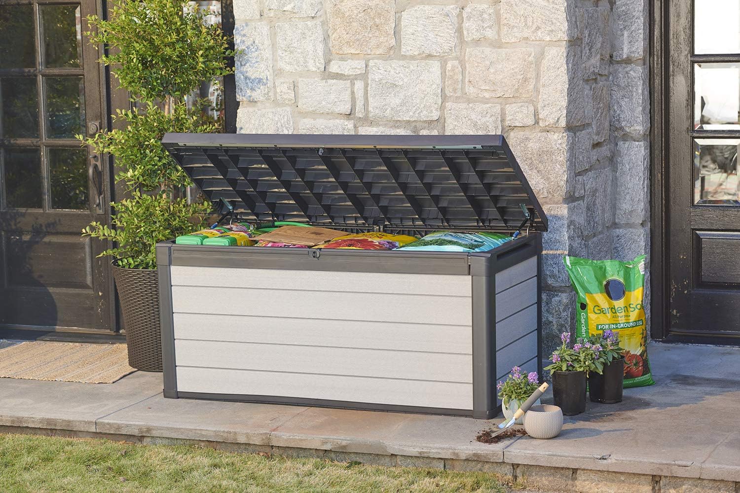 Keter Denali 150 Gallon Resin Large Deck Box-Organization and Storage for Patio Furniture, Outdoor Cushions, Garden Tools and Pool Toys, Grey & Black : Garden & Outdoor