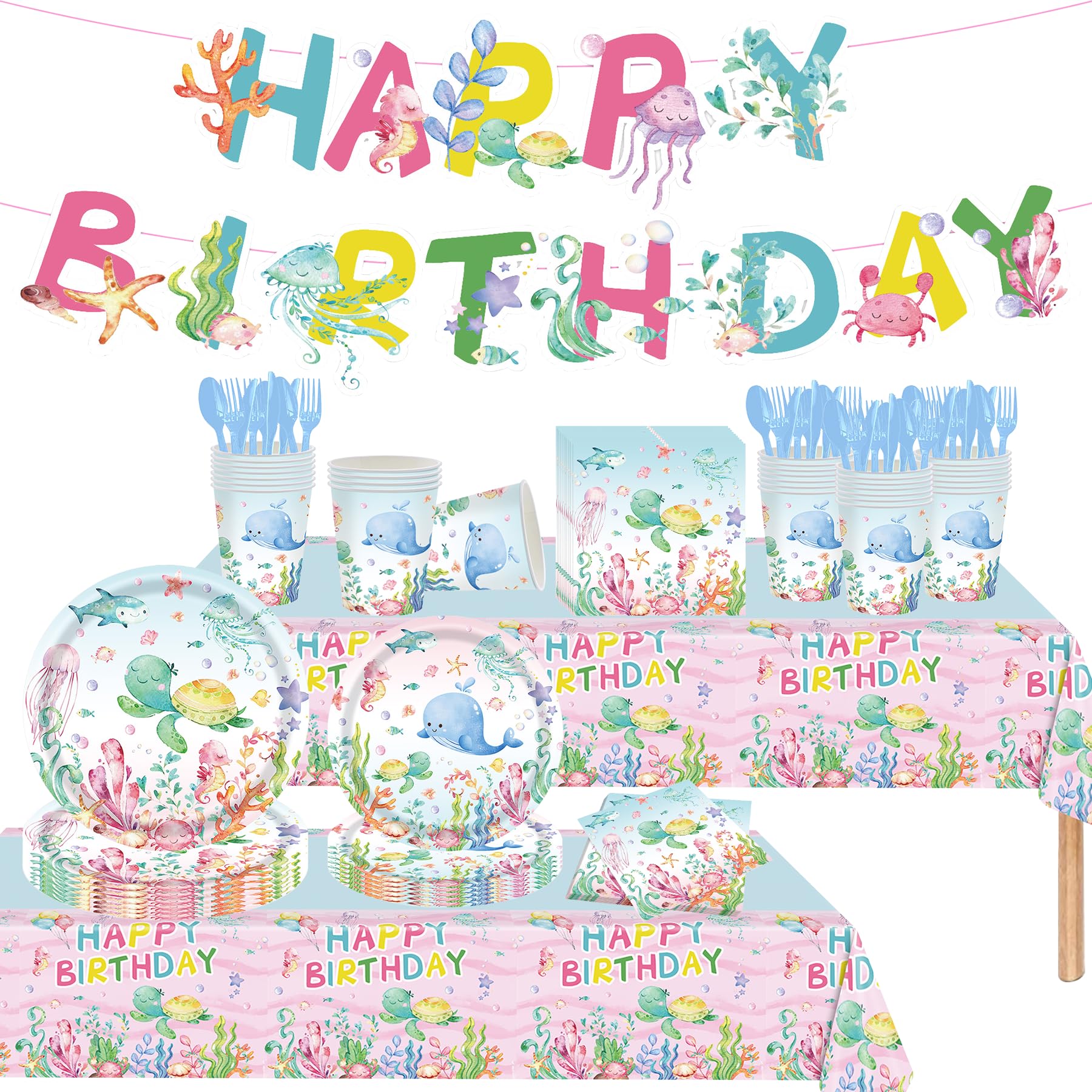 Photo 1 of 143Pcs Under the Sea Party Supplies Set - Ocean Theme Plates, Cups, Napkins, Tablecloth, Banner, and Cutlery for Birthday or Baby Shower (Serves 20 Guests)