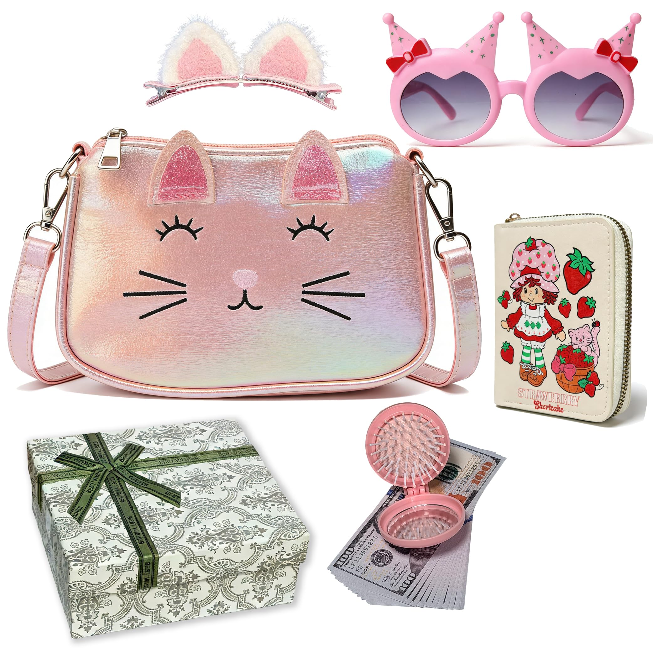 Gift for Girls 3-5 Year Old, Toddler Play Purse with Pretend Makeup for Little Girls , Kids Toy Purse Easter Birthday Gift for Girls Aged 3 4 5 6 ,Princess Toys with Cat Bag ,Hairpin ...