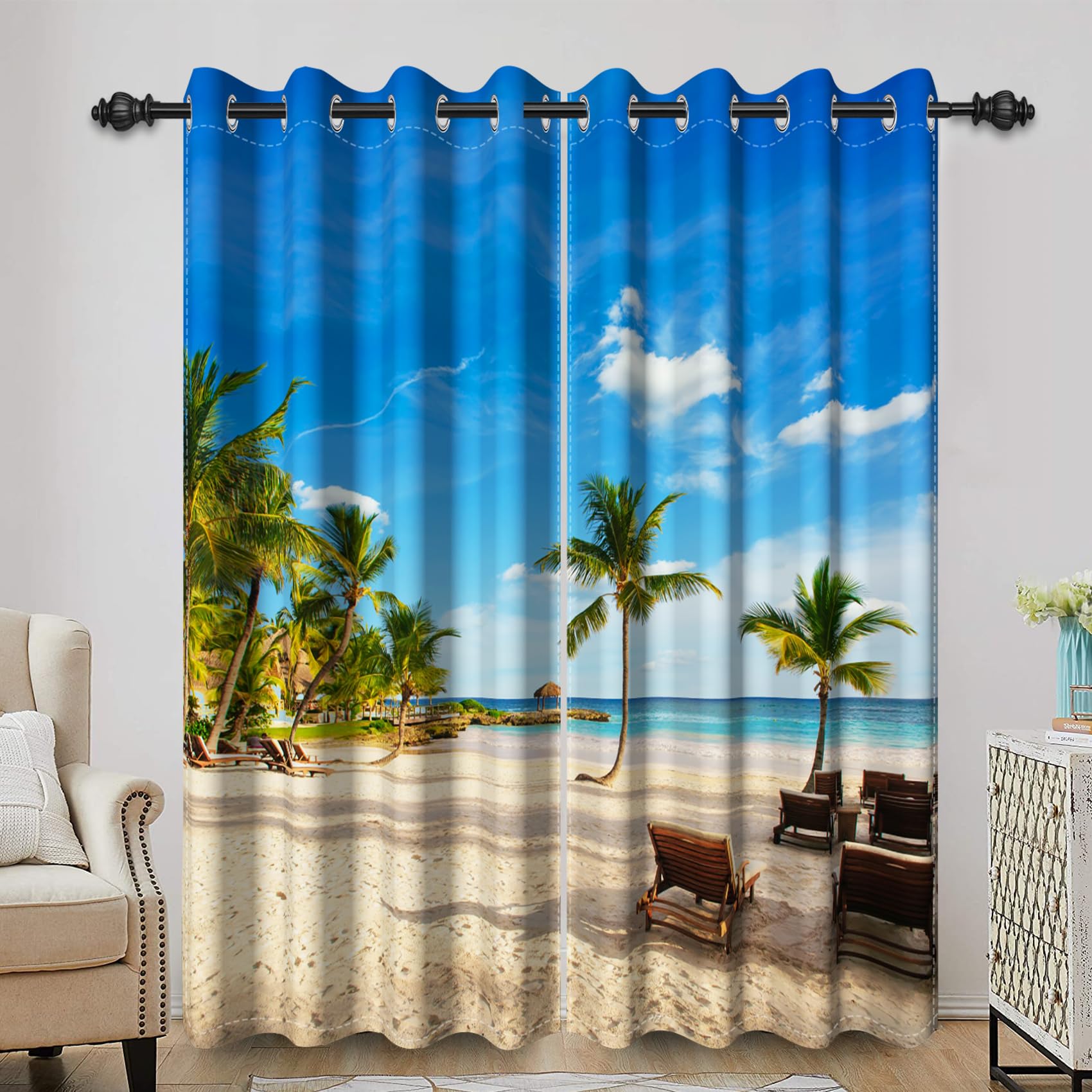 Bovlleetd Summer Beach Island Curtains for Bedroom Tropical Palm Tree Seaside Ocean Scenery Window Curtains Resort Beach Chair Vacation Landscape Printed Blackout Curtains set 2 Panels 46Wx90H