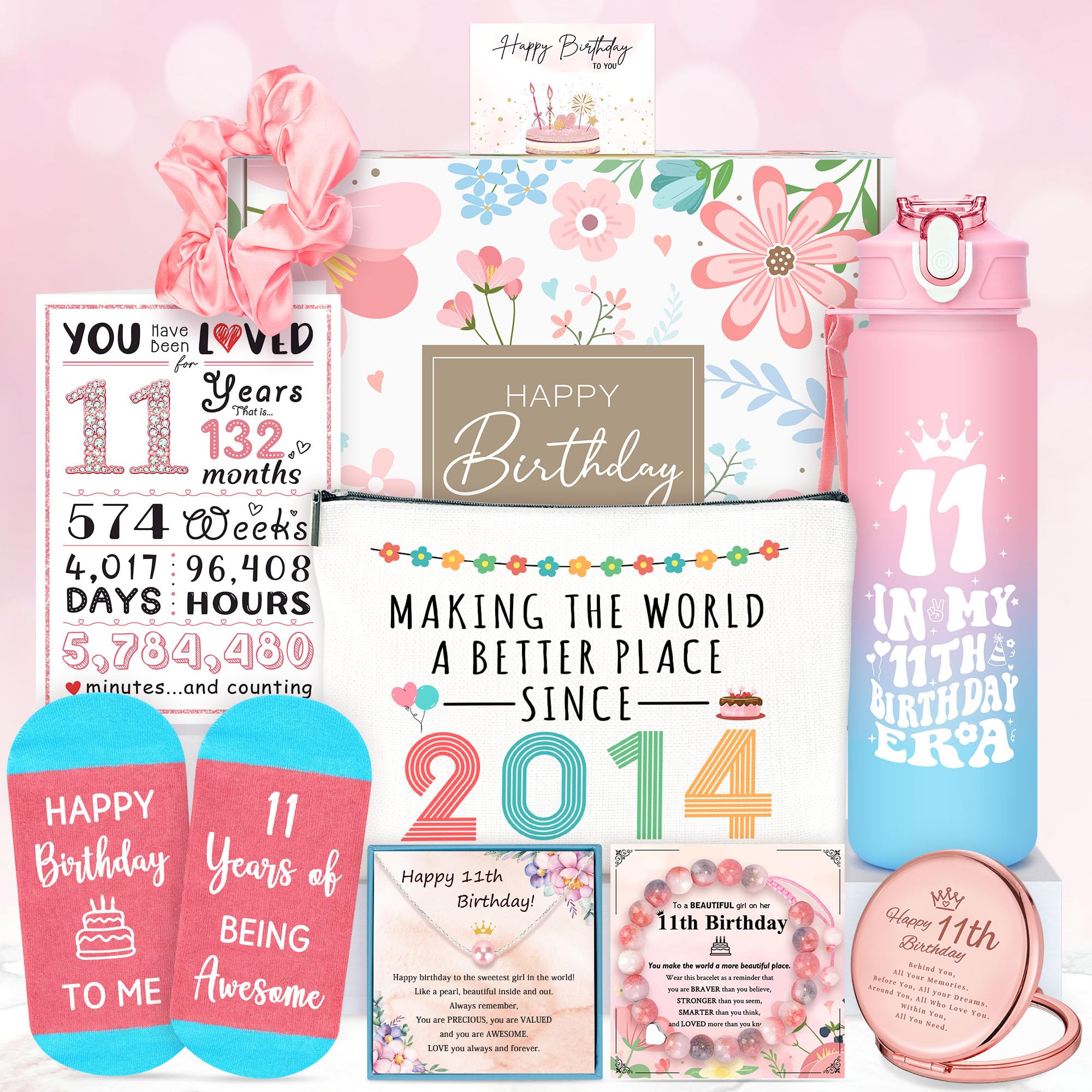 Photo 1 of 11 Year Old Girl Birthday Gifts for 11 Year Old Girl Gift Trendy Stuff Happy 11th Birthday Gifts for Girls Cool 11th Decoration Presents Set with Tumbler Socks Bag Bracelet Necklace Mirror Headband