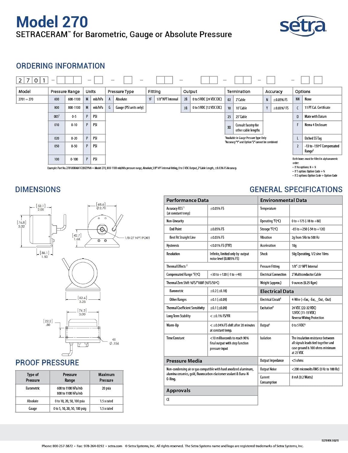 Pressure & Vacuum 24 VDC EXC 1/8 NPT Internal 0 to 5 VDC Gauge Pressure