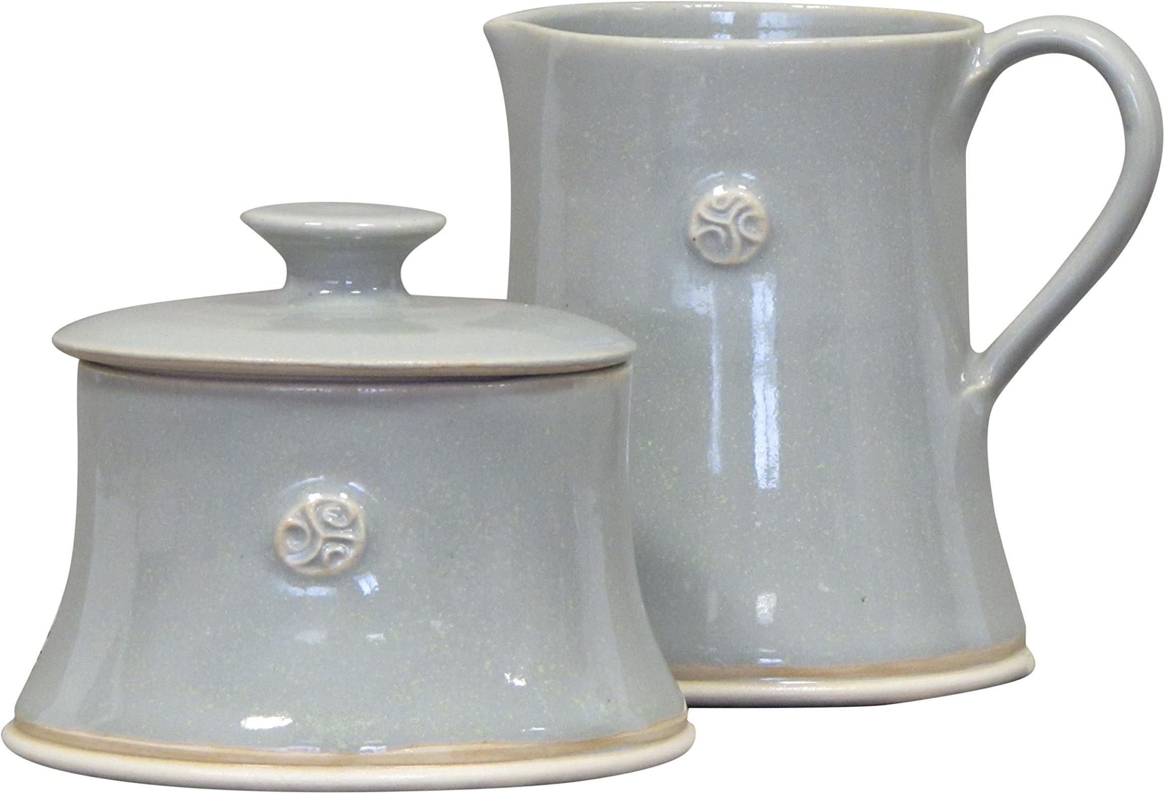 Irish Handmade Creamer and Sugar Bowl with Lid - 100% Lead Free Hand Glazed Set with Celtic Spiral Logo (Grey)