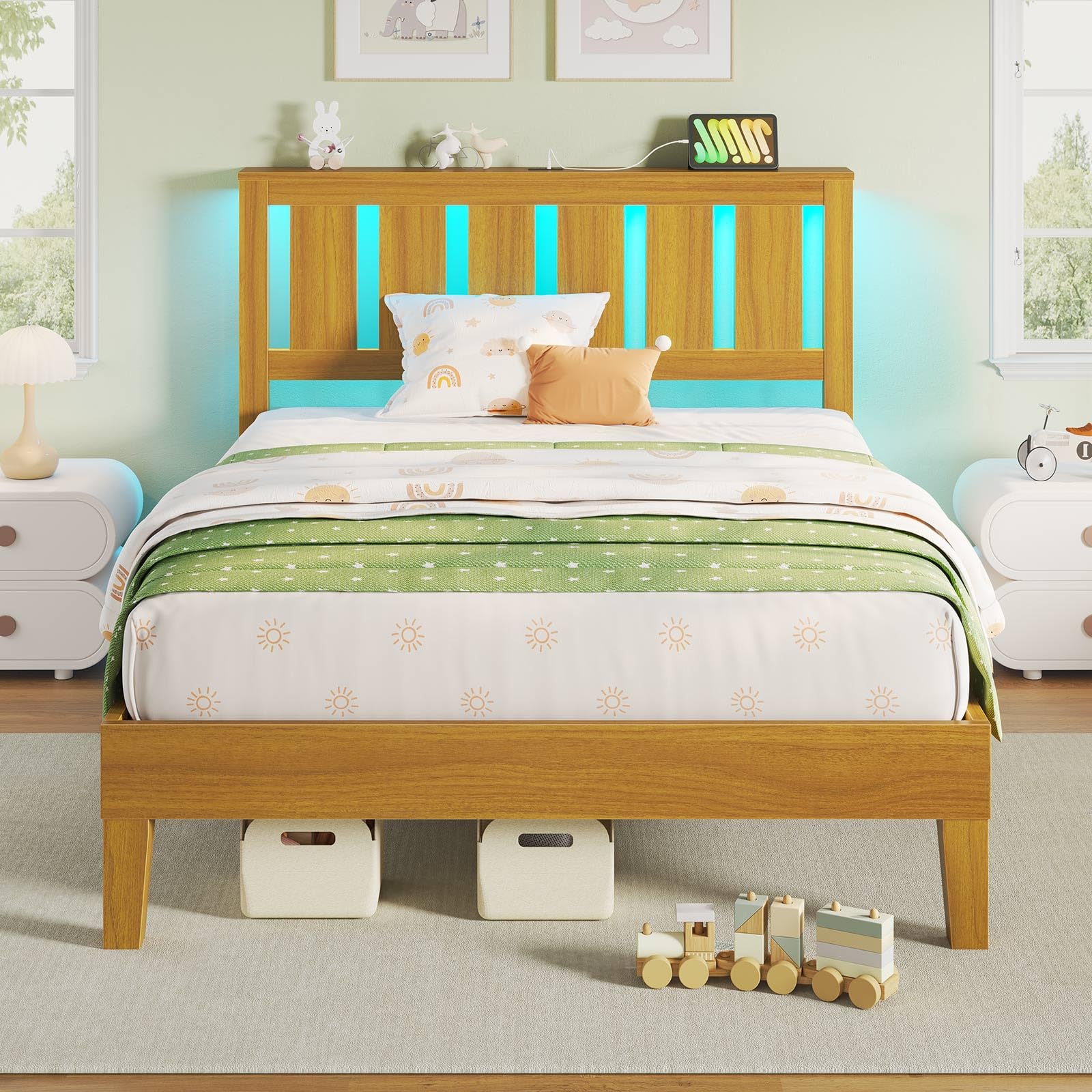 Photo 1 of **UNKNOWN IF MISSING ANY PARTS**Rolanstar Twin Bed Frame with Headboard, Charging Station and LED Lights, Wooden Bed Frame Foundation with Wood Slat Support, No Box Spring Needed, Engineered Wood