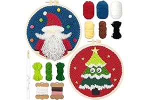 WOOL QUEEN Hand U Journey Punch Needle Starter Kit | Rug Hooking Beginner's Set with Santa Claus and Christmas Tree Designs | Adjustable Punch Pen and Two 8.6'' Hoops | Ideal Craft Gift for Kids and Adults