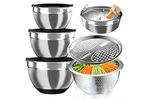 Mixing Bowls with Airtight Lids, Stainless Steel Mixing Bowl Set with 3 Metal Nesting Bowls, Colander & Grater, Non-Slip Bott