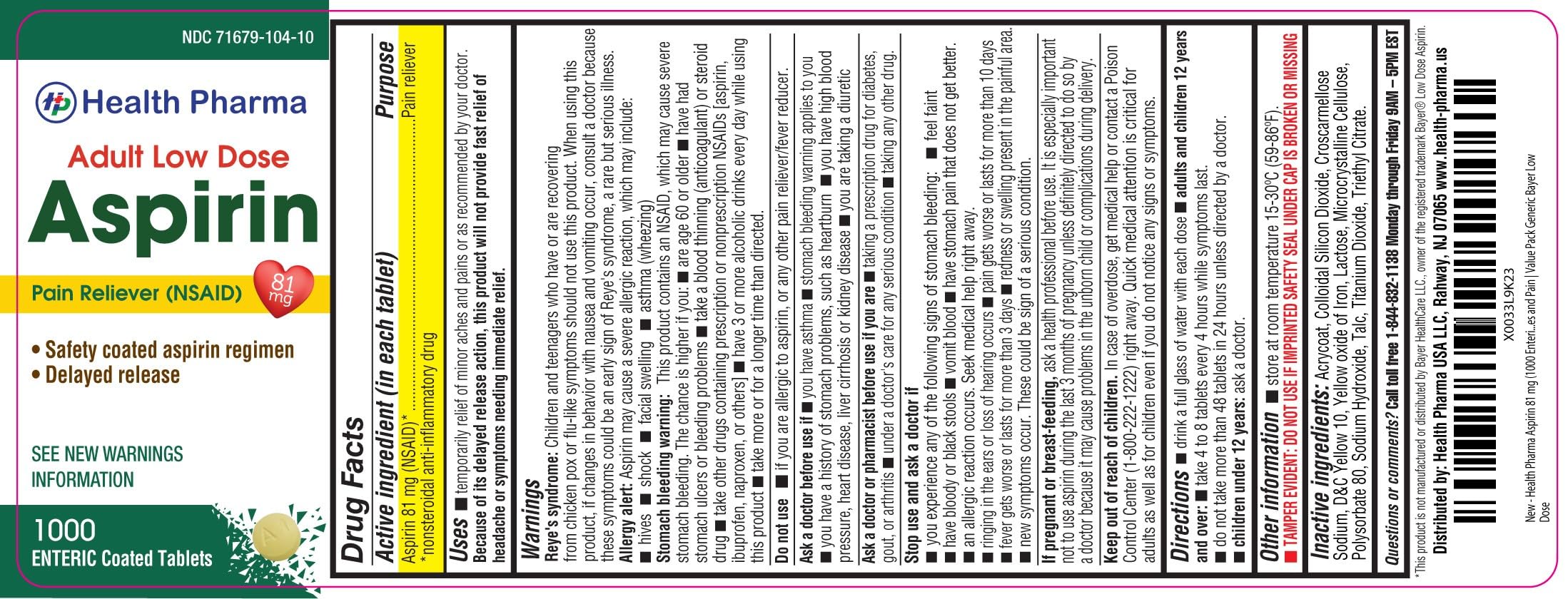Health Pharma Aspirin 81 mg (1000 Enteric Coated Tablets) | Adult Low Dose Strength Pain Reliever (NSAID) | Safe Pain Relief for Minor Aches and Pain | Value Pack Generic