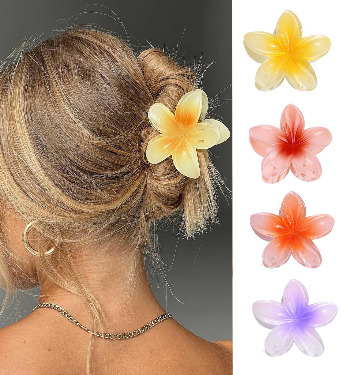 IOSPKKIO® 4 Pcs Flower Hair Clips Strong Hold Large Claw Clips for Thick Hair Non-Slip Hair Clips for Women Hawaiian Flower Claw Clips 4 Colors