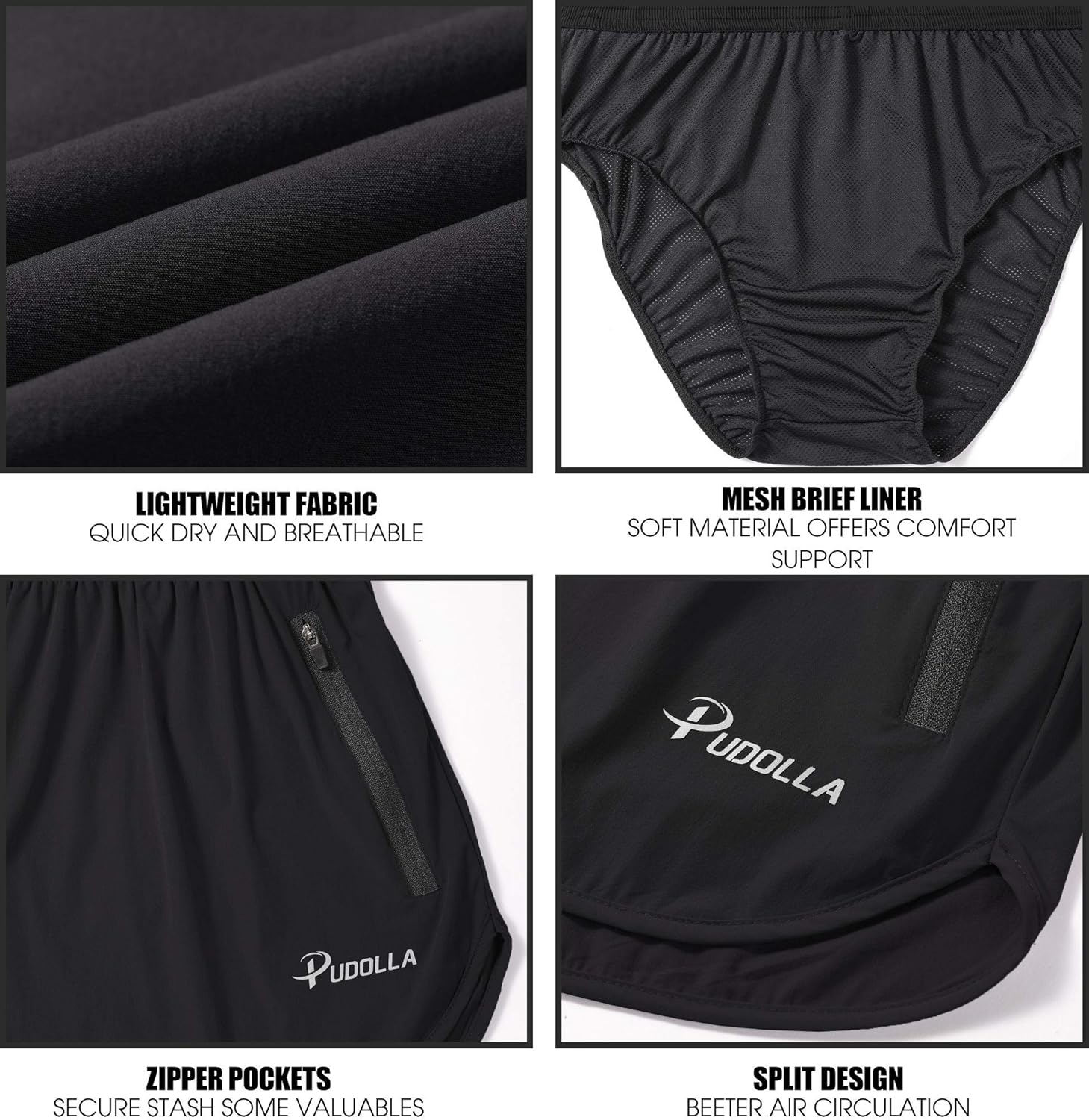 Pudolla Men’s Running Shorts 3 Inch Quick Dry Gym Athletic Workout Shorts for Men with Zipper Pockets: Clothing