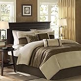 Madison Park Palmer Comforter Set - Faux Suede Design, Striped Accent, All Season Down Alternative Bedding, Matching Shams, Decorative Pillow, Bed Skirt, Full (82 in x 90 in), Natural 7 Piece