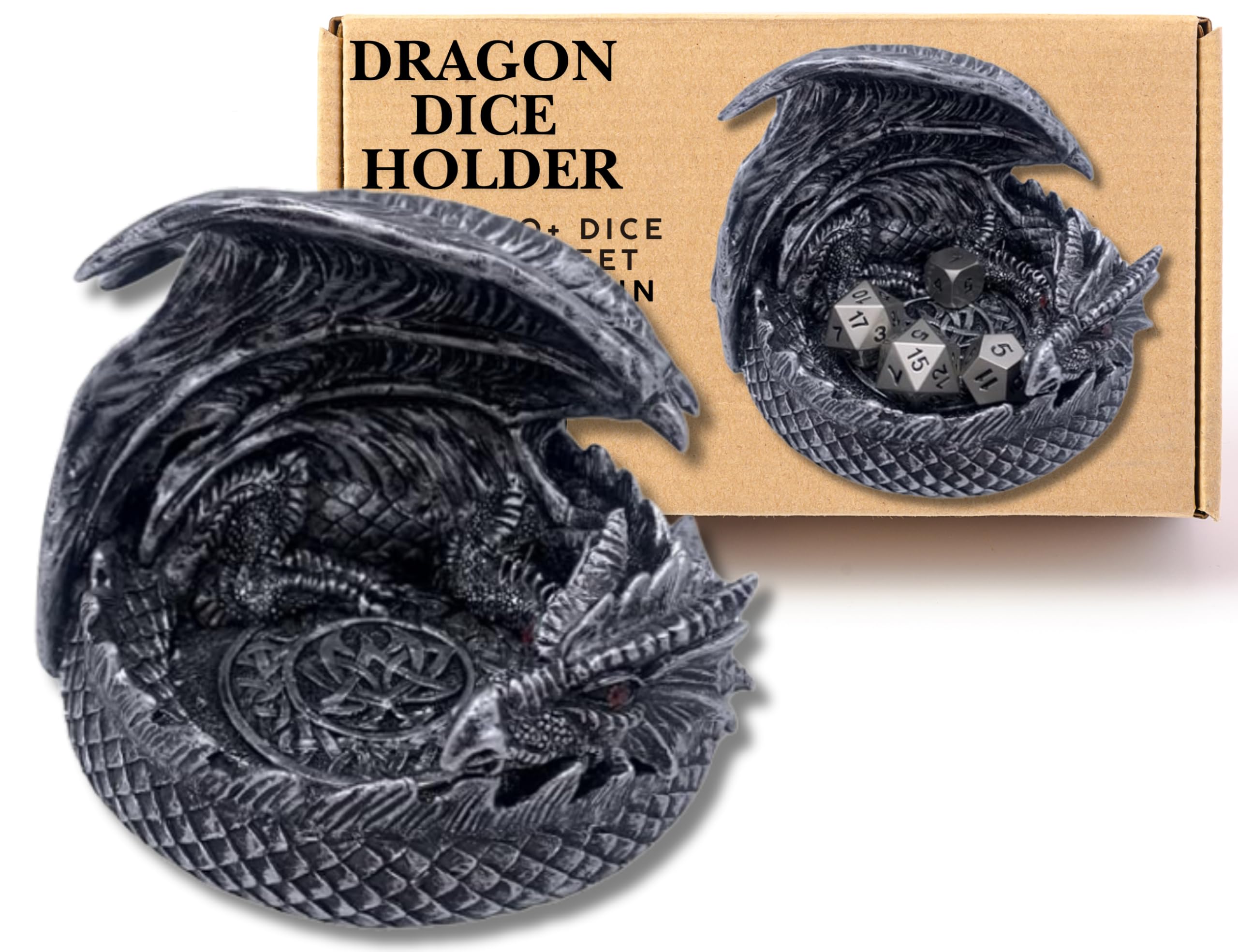 Grinning Gargoyle - 14cm Dragon DnD Dice Jail Guardian in Silver - Perfect Dragon Dice Holder for Roleplaying Games - DnD Dice Tray and Storage - DnD Gift Decor - D and D Gifts for RPG Display