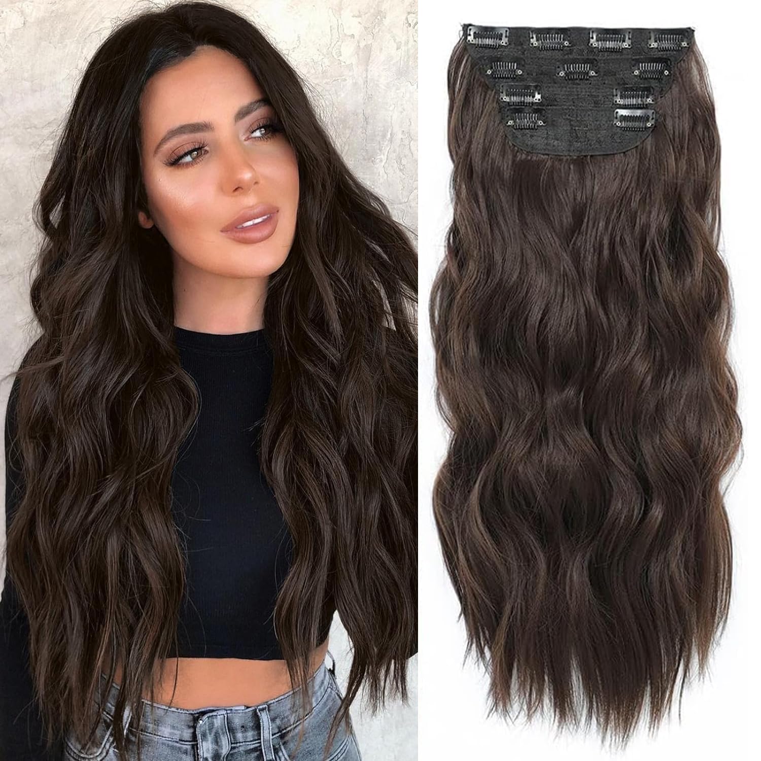 Hair Extensions Clip in 4pcs Natural Brown Hair Extension Long Wavy Full Head Clip in Hair Extension Synthetic Fiber Hair Pieces for Women — image 1