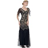1920s Art Deco Sequin Maxi Dress, Vintage Flapper Gatsby Style, V-Neck with Tulle Sleeves, Long Evening Formal Gown