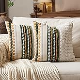 Aeckself Boho Chenille Tufted Throw Pillow Covers 18x18 Inch Set of 2, Farmhouse Decorative Striped Square Pillow Covers Accent Neutral Pillowcase for Living Room Couch Bed, Green