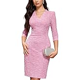 M.Infisavo Sheath Dresses for Women 2026 Notch V Neck 3/4 Sleeves Slim Fit Office Pencil Dress