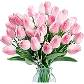 Sggvecsy 15 Pcs Fake Tulips Artificial Flowers Real Touch PU Faux Flowers Tulip Stems for Wedding Spring Bouquet Floral Arrangement Home Party Office Decorations for Mother's Day (Light Pink)
