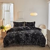 Jameswish Shaggy Plush Duvet Cover Set Super Soft Fluffy Faux Fur Comforter Cover Set Luxury Fuzzy Bedding Set 3 Piece(1Duvet Cover+2Pillowcases) with Zipper Clusure(Black Ombre,Queen Size)