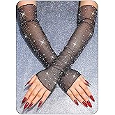 CASDRE Sparkly Rhinestone Long Gloves Fingerless Mesh Elbow Length Arm Sleeves Prom Costume Gloves for Women