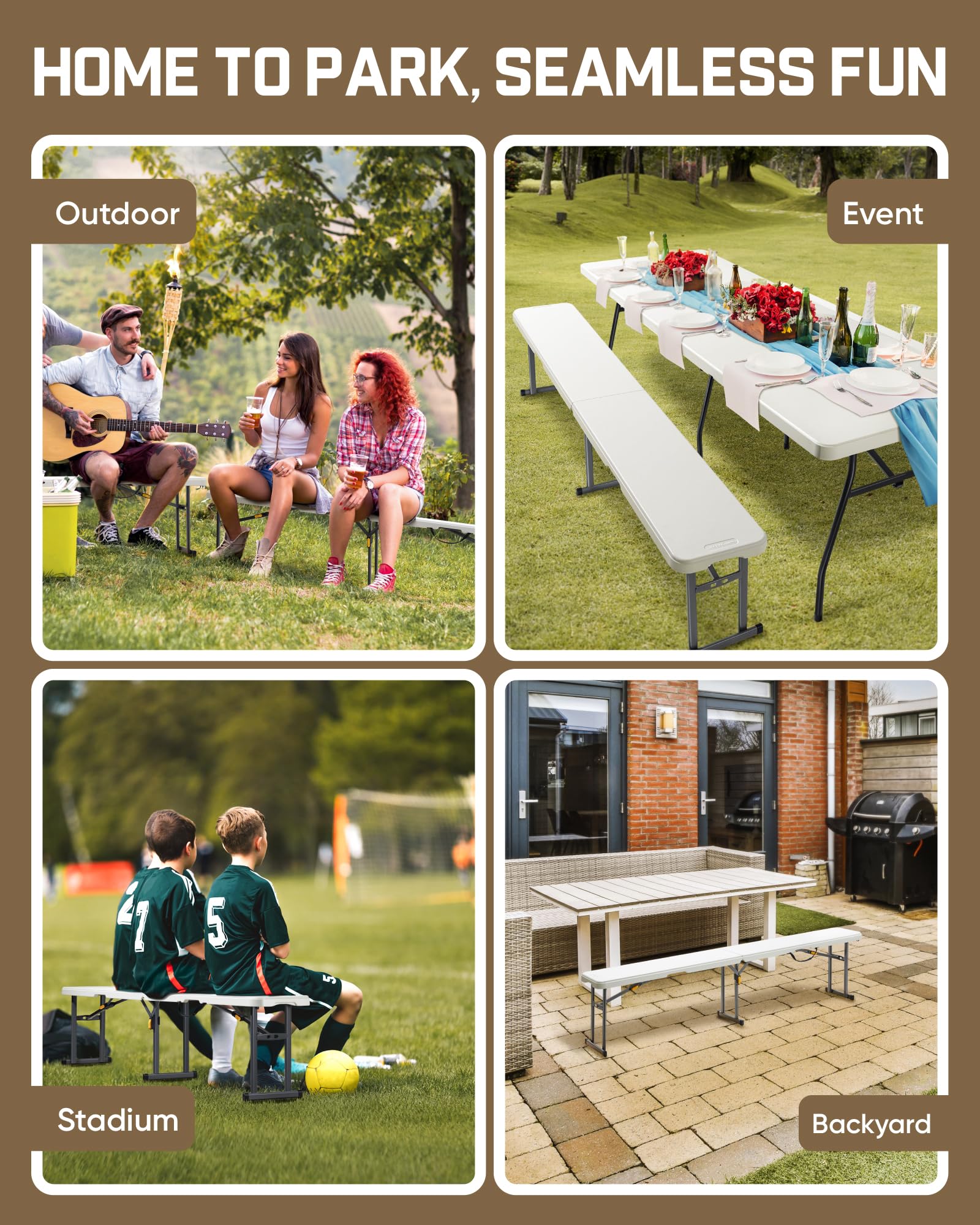 FanttikOutdoor 6ft Plastic Folding Bench with Safety Lock Carrying Handle, Portable Indoor Outdoor Bench for Party, Dining, Camping, Garden, Soccer Activities, No Assembly, 1 Pack, White Zeta I6 Pro