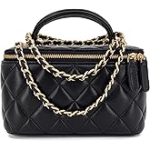 M-ioi-M Small Genuine Leather Purse Quilted Crossbody Bag for Women, Mini Top-Handle Shoulder Handbag w/Gold Chain Strap