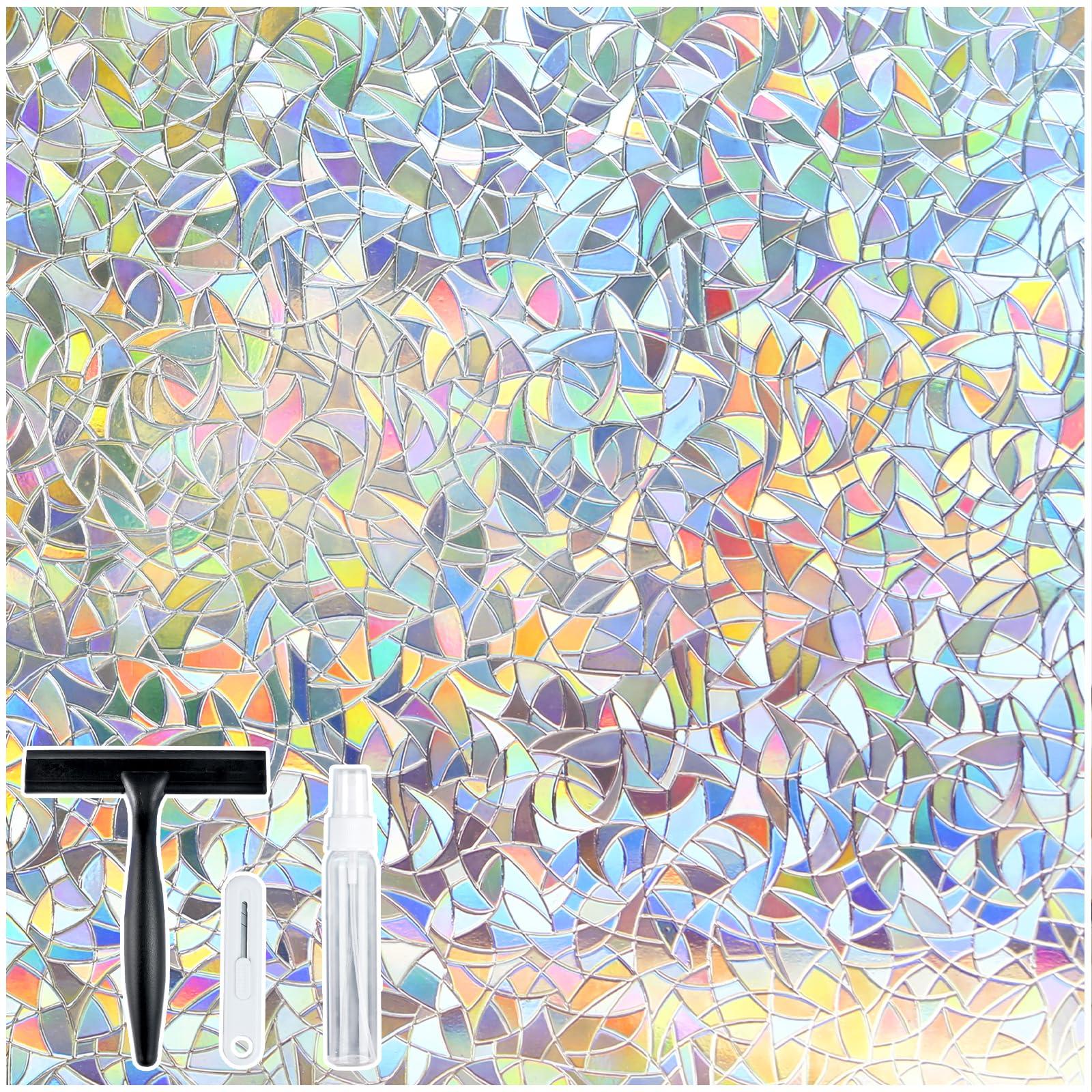 Photo 1 of rabbitgoo Window Privacy Film Stained Glass Rainbow 3D Prism Decorative Iridescent Window Sticker Static Cling Suncatcher UV Protection for Home Heat Control, 17.5" x 78.7"