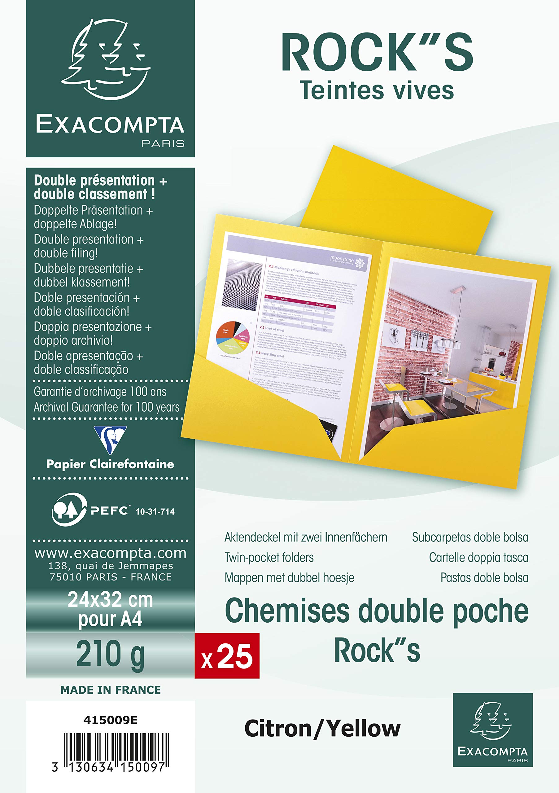 Exacompta - Ref 415009E - Rocks Collection - Double Pocket Folders - 240 x 320mm in Size, Suitable for A4 Documents, 210gsm Material - Yellow (Pack of 25)