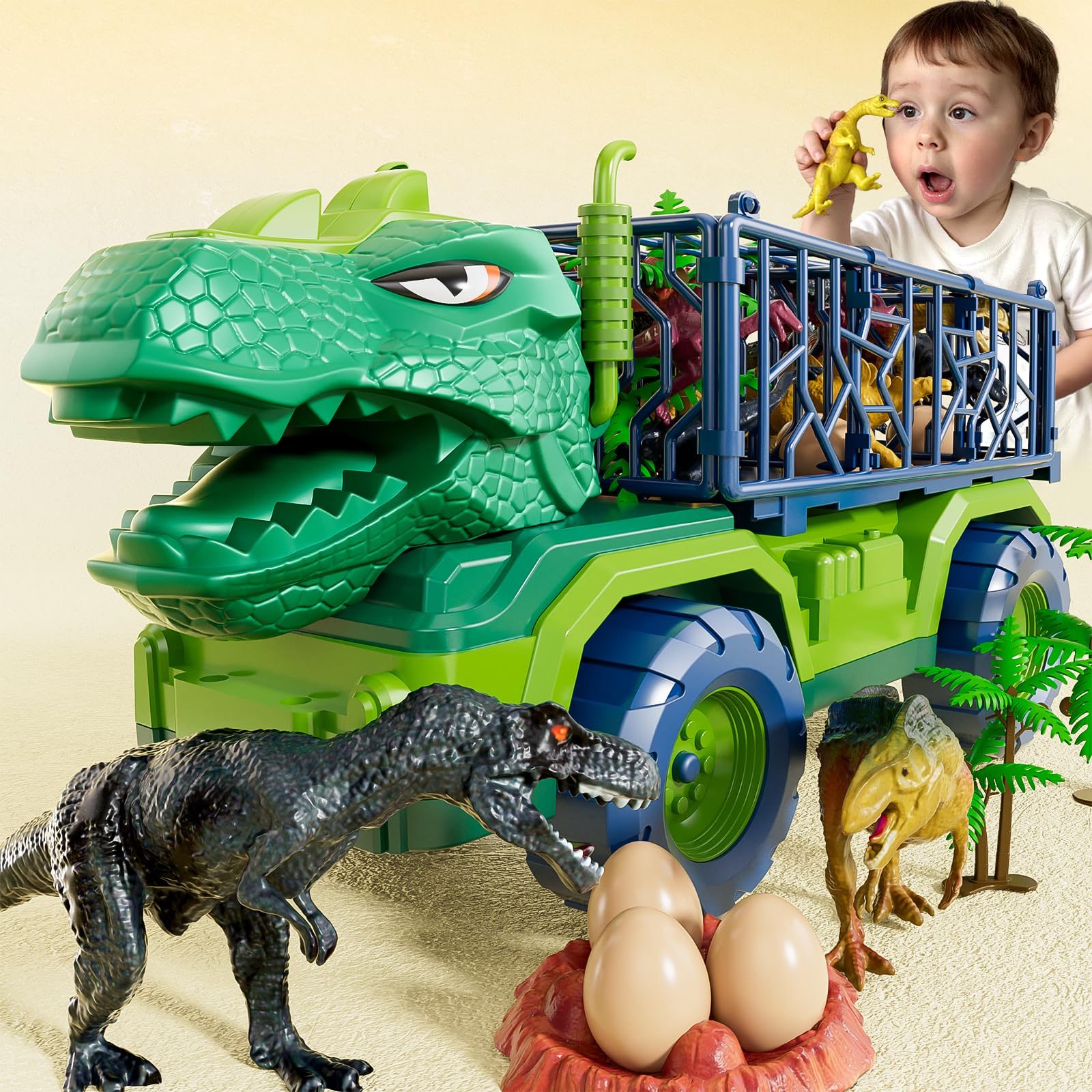 Photo 1 of Dinosaur Truck for Kids 2-4, Dinosaur Action Figure Toys for Toddler 3-5 with 8 Dinosaur Figures, Play Mat, Egg, Tree, T-Rex Transport Car Carrier Birthday Gifts Toys for Boys 2 3 4 5 6 Year Old