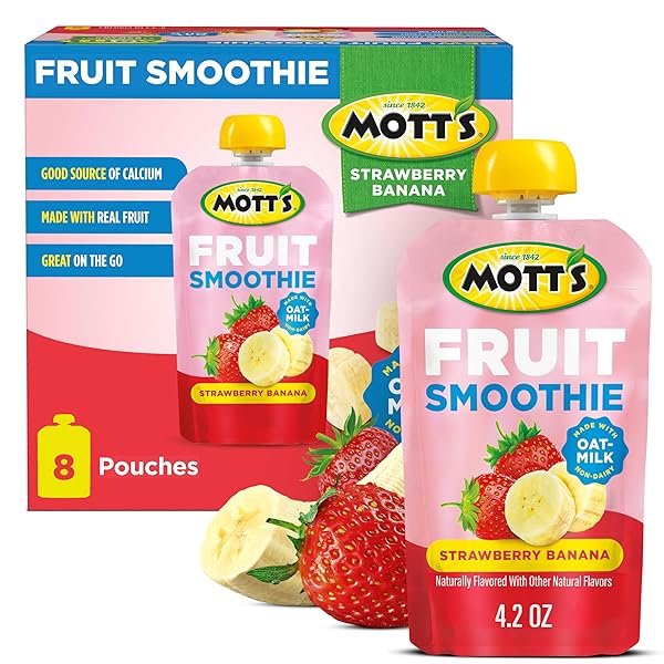 MOTT’S FRUIT SMOOTHIES STRAWBERRY BANANA, 4.2 OZ CLEAR POUCHES, 8 PACK, NON-DAIRY, MADE WITH OATMILK, MADE WITH REAL FRUIT, GOOD SOURCE OF CALCIUM, ON-THE-GO