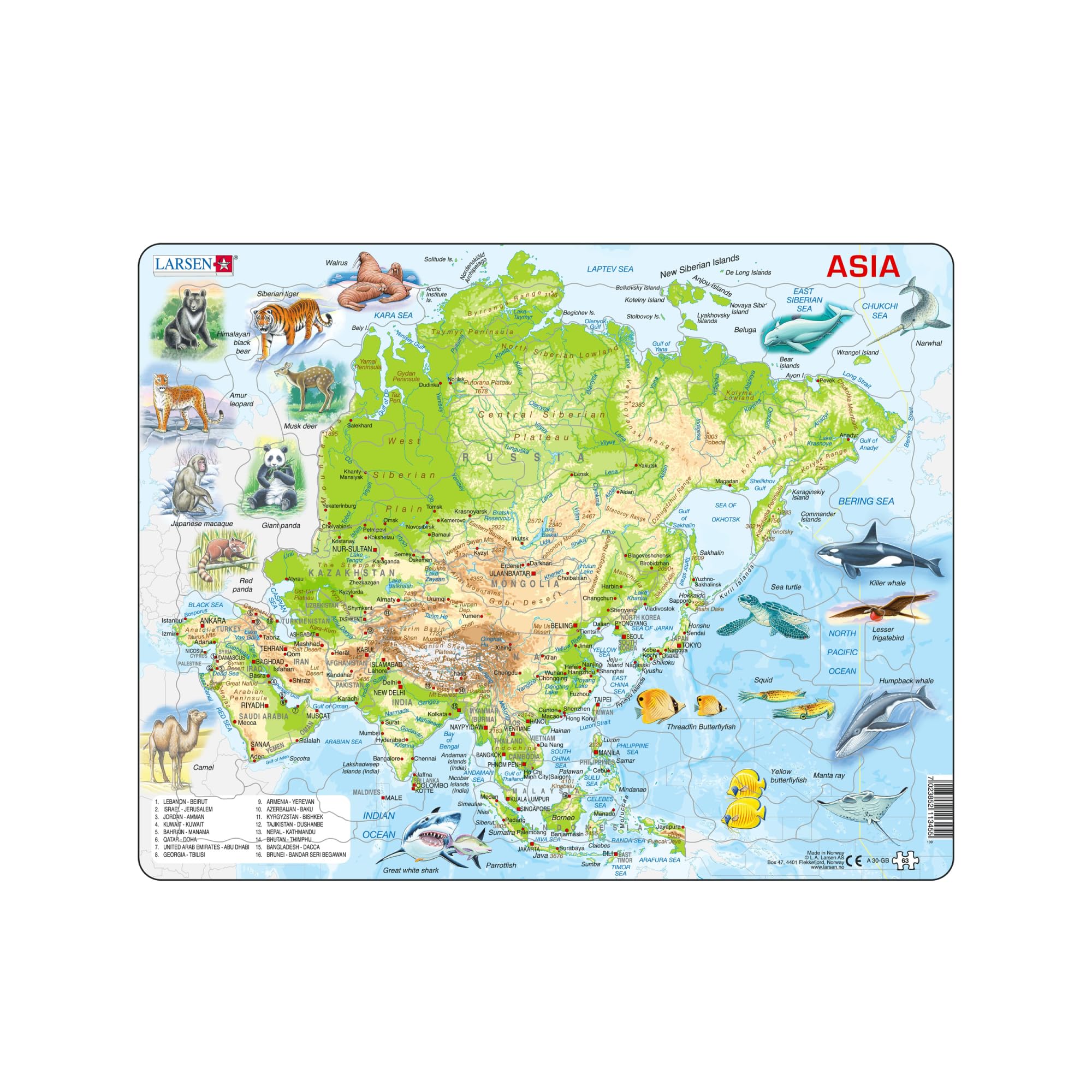 Larsen A30 Asia Map Puzzle – 63-Piece Tray Puzzle for Kids (Topographic Map, Learn Countries, Cities, Rivers & Animals) Educational STEM Toy Ages 6+