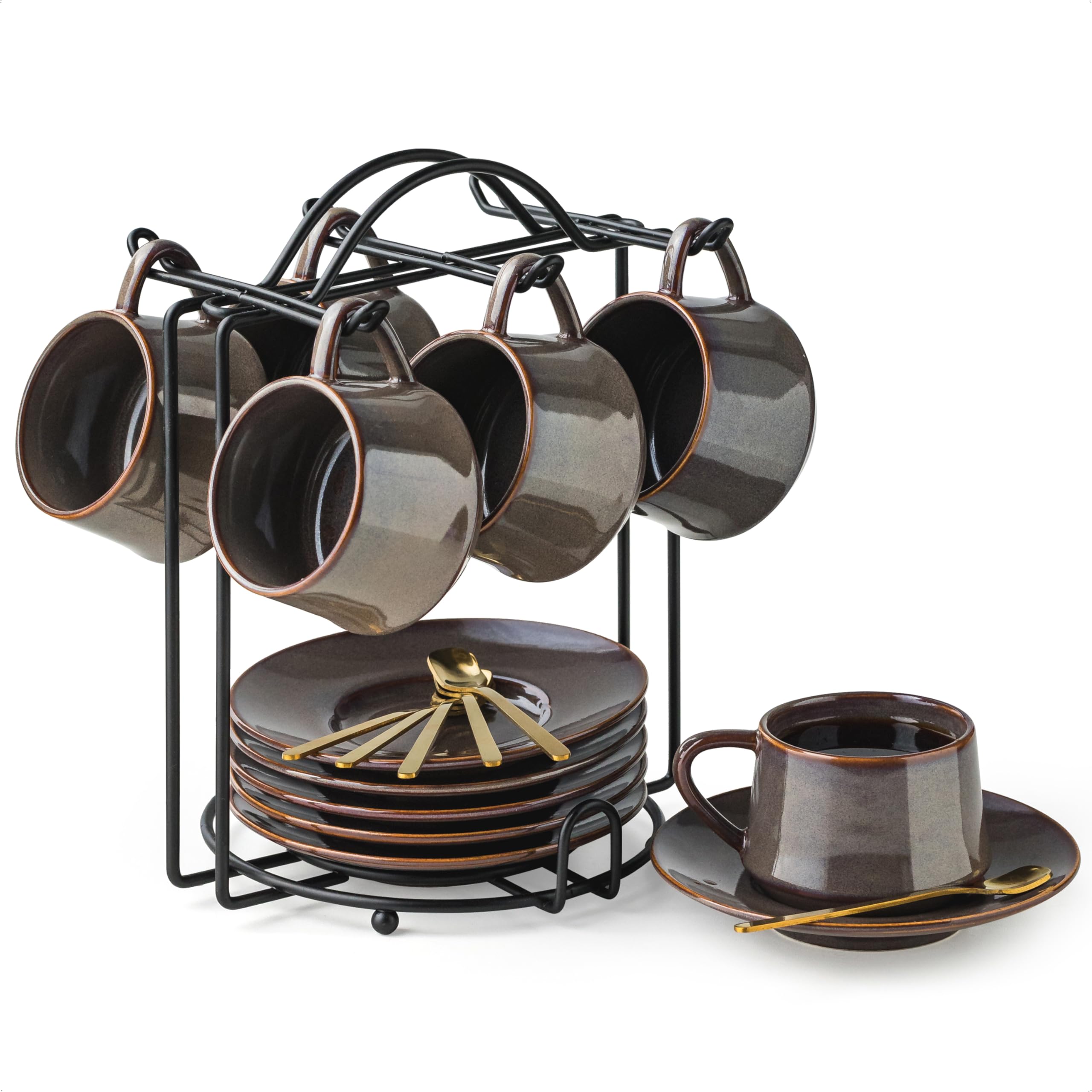 Photo 1 of YHOSSEUN Espresso Cups 4 Oz, Porcelain Coffee Cups Set of 6 Espresso Cup with Saucers, Meatal Stand, and Stir Spoons, Brown Expresso Shots Cup