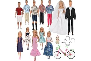 ZTWEDEN 33Pcs Doll Clothes and Accessories for 12 Inch Boy and Girl Doll, Includes 20 Wear Clothes Shirt Jeans Suit and Wedding Dresses, Glasses Earphones Dog and Bike for 12'' Boy Girl Doll