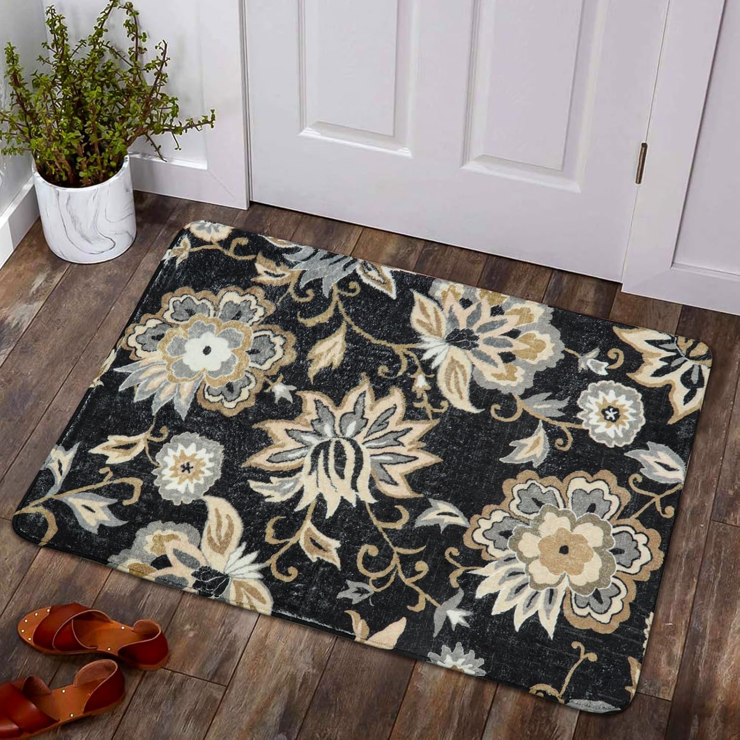 Rugs, Pads & Protectors - Lahome Floral Washable Area Rugs - 2x3 Non-Slip Small Entryway Rug Indoor, Throw Stain Resistant Kitchen Rugs Soft Black Paisley Print Bathroom Mats DoorMat Carpet for Bedroom Laundry Living Room Sink
