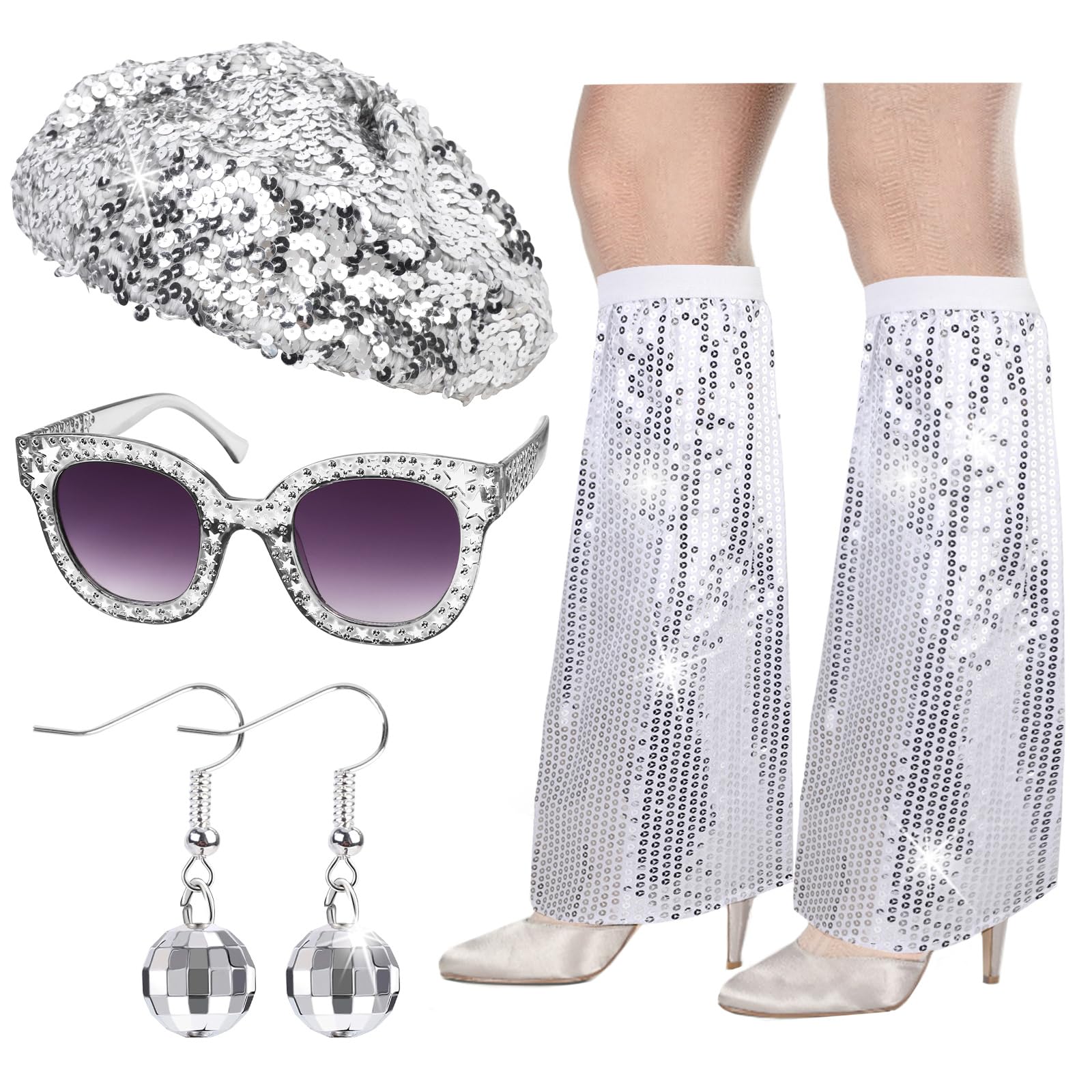 HOWAF Fancy Dress: Disco Ball Earrings, Sparkly Sequins Beret Hat, Leg Warmers, 70s & 80s Accessories for Women's Disco Costume