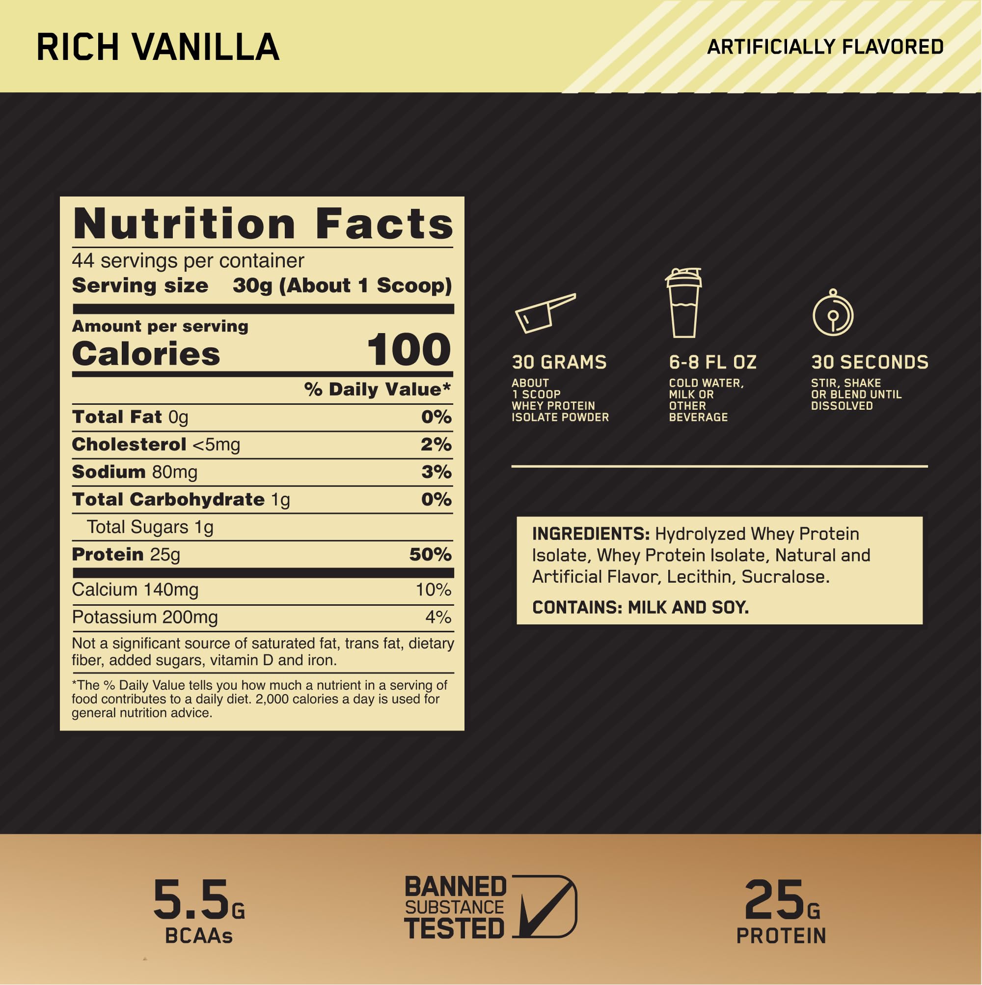 Optimum Nutrition Gold Standard 100% Isolate, Protein Powder, Rich Vanilla, 2.91 Pounds, 44 Servings. Whey Protein Isolate (Packaging May Vary)