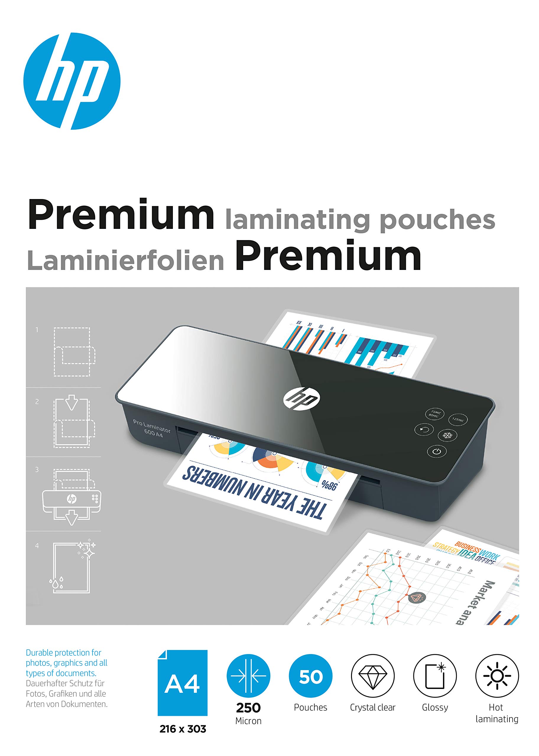 HP Premium Laminating Pouches, A4, 250 Micron, Pack of 50