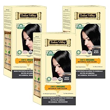 Indus Valley 100% Organic Dermatologist Recommended 100% Botanical Hair Color Set of 3 Indus Black
