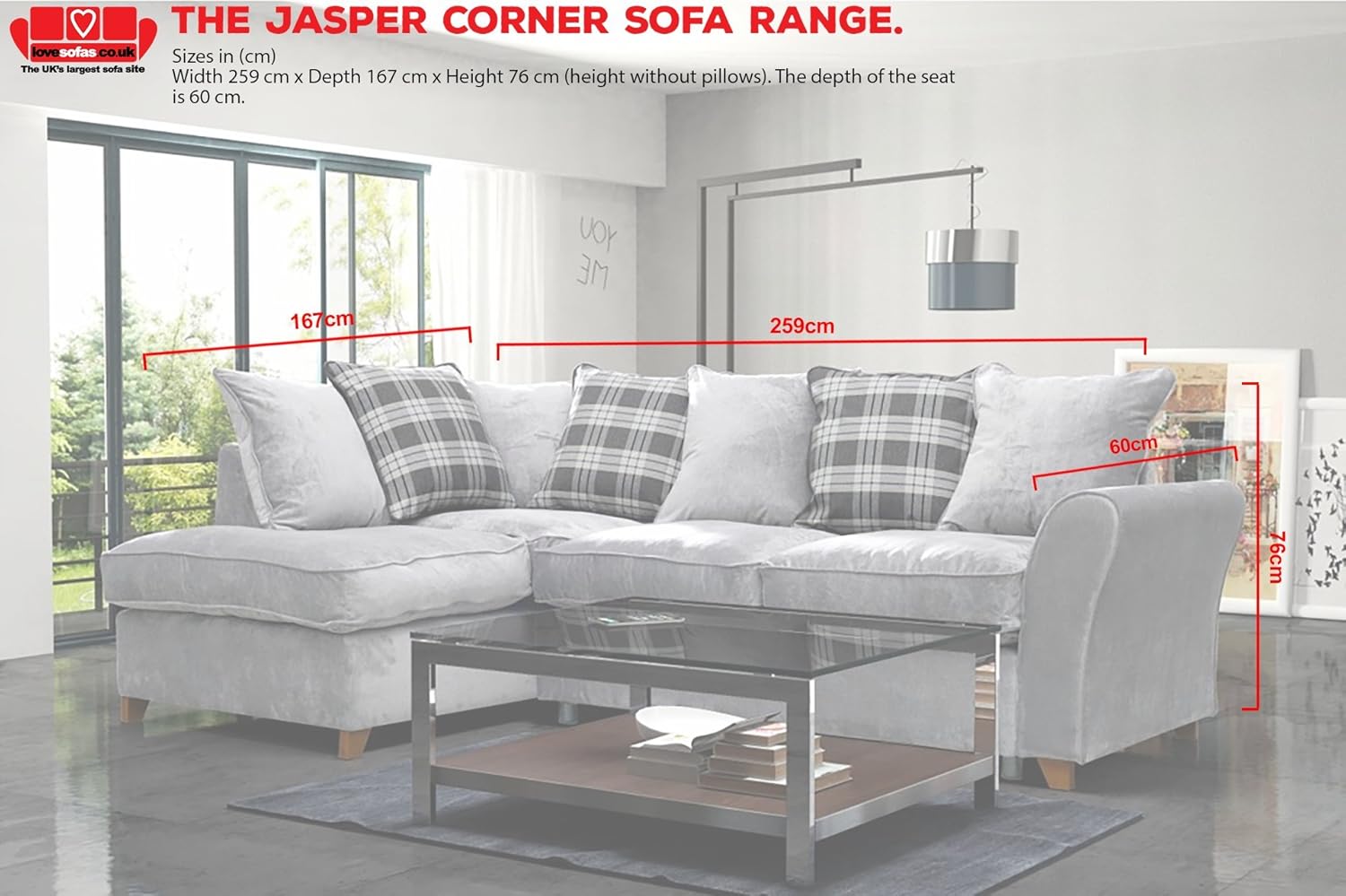 Lovesofas New Jasper Fabric Corner Sofa Chaise With Scatter Cushions