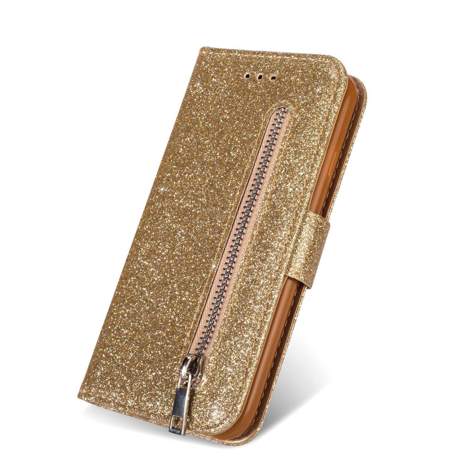 ZCDAYE Galaxy S8 Plus Wallet Case,Bling Glitter Sparkly Zipper PU Leather Magnetic Flip Folio Card Pockets Holder with Wrist Strap Stand Protective Case Cover for Samsung Galaxy S8 Plus - Gold